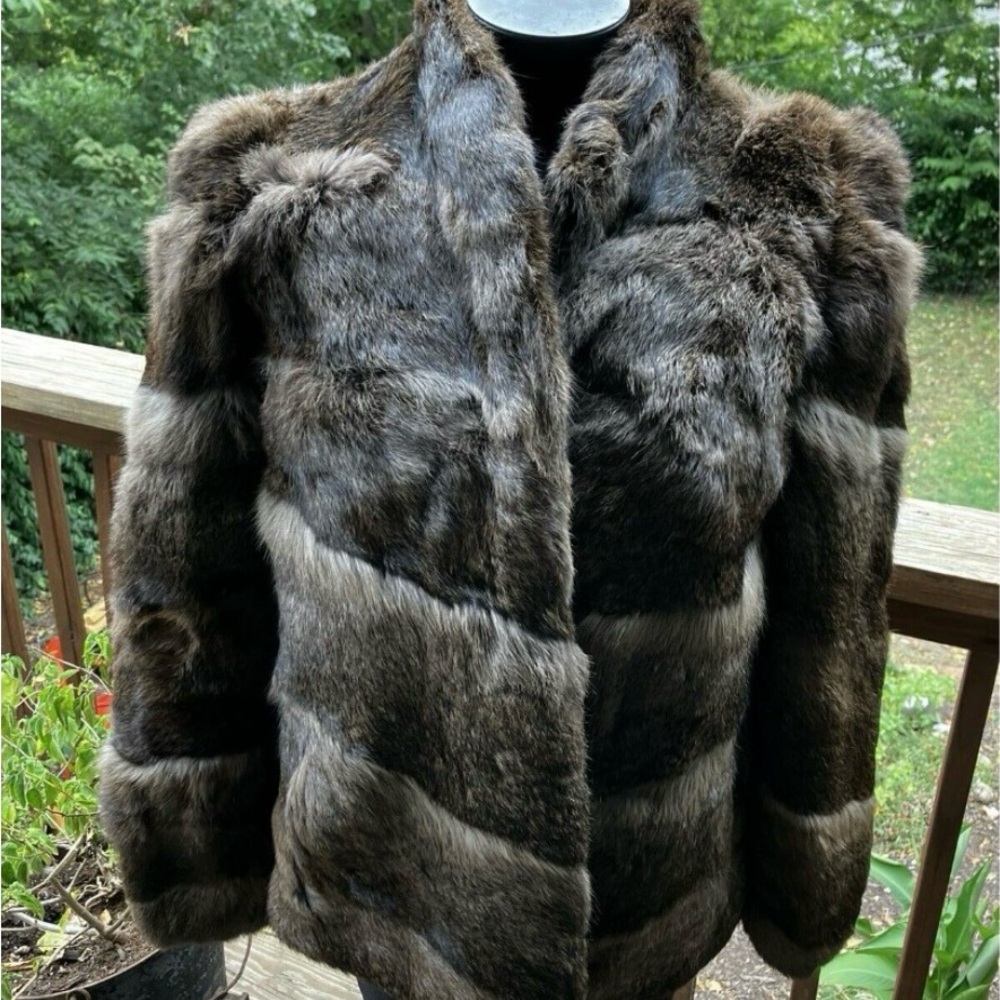 100% Rabbit Fur Brown Coat With Pockets Size M/L Vintage Fur Coat